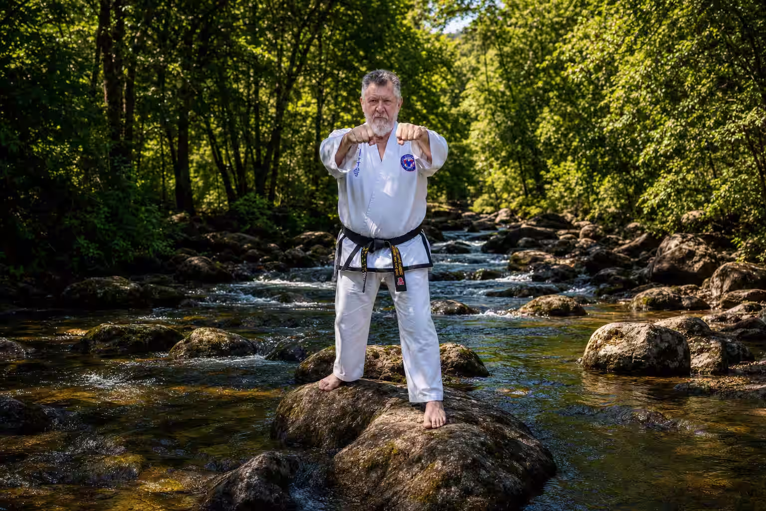 Grand Master Frost in stance on river rocks at Riverwood Downs